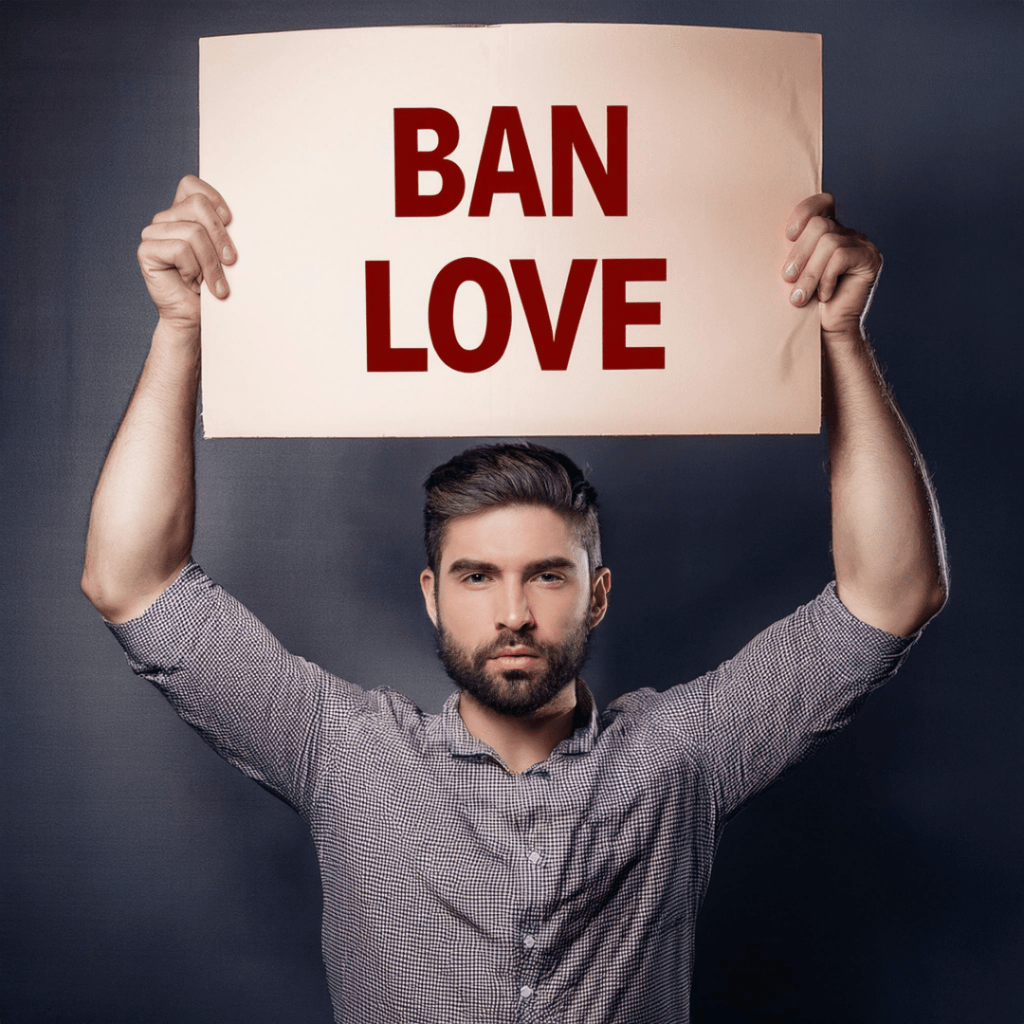 A protester holding a sign saying BAN LOVE